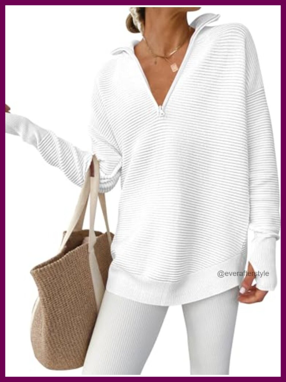 Women Long Sleeve V Neck Quarter Zip Rib Knit Pullover Sweater Thumb Holes